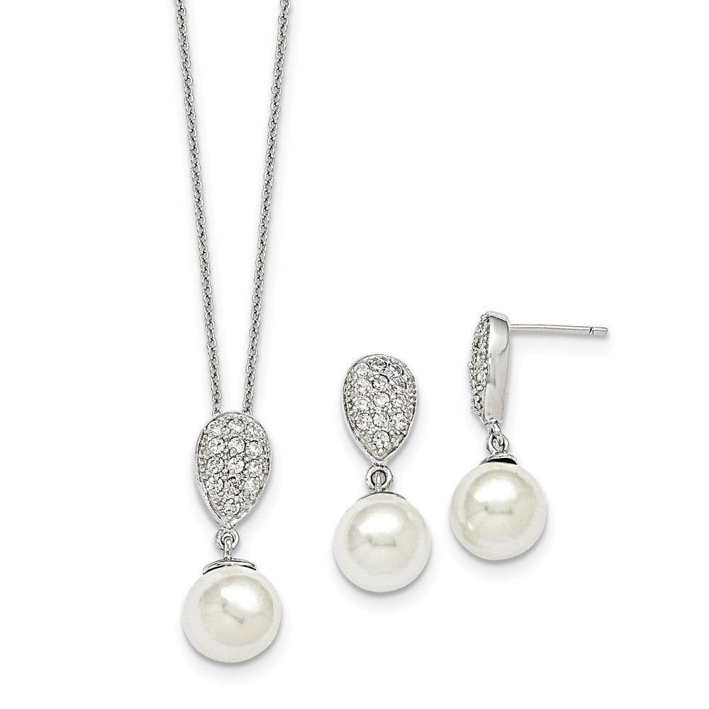 Majestik Jewelry Set - 925 Sterling Silver Majestik Rhodium-Plated 10-11mm White Imitation Shell Pearl & Cubic Zirconia ( CZ ) Earring & Necklace Set