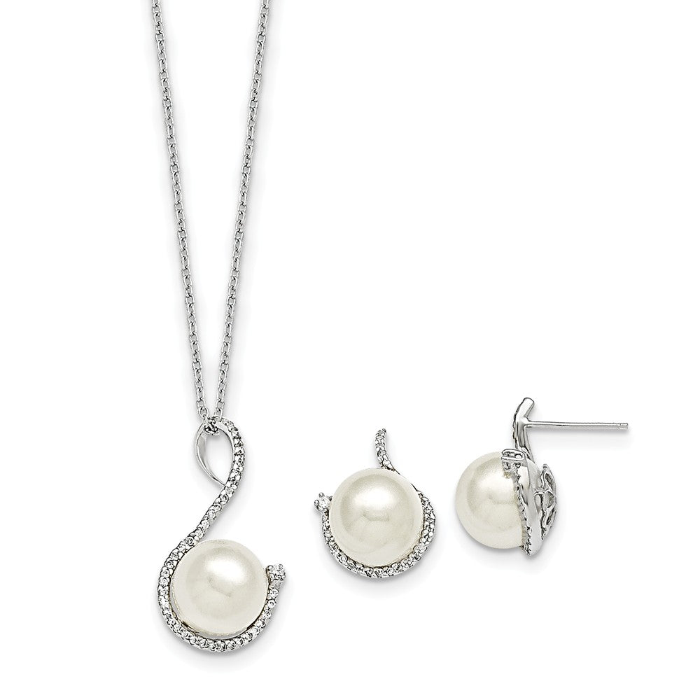 Majestik Jewelry Set - 925 Sterling Silver Majestik Rhodium-Plated 10-12mm White Imitation Shell Pearl & Cubic Zirconia ( CZ ) Earring & Necklace Set
