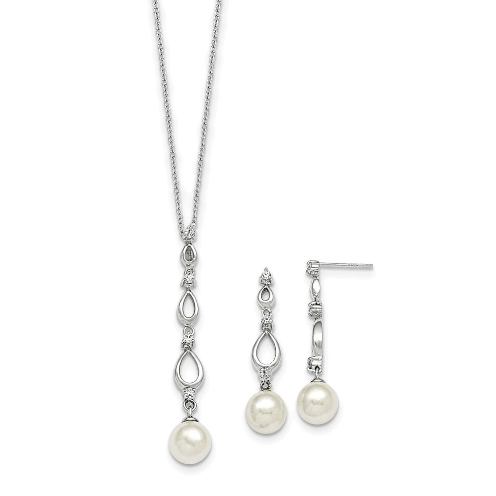 Majestik Jewelry Set - 925 Sterling Silver Majestik Rhodium-Plated 8-9mm White Imitation Shell Pearl & Cubic Zirconia ( CZ ) Earring & Necklace Set