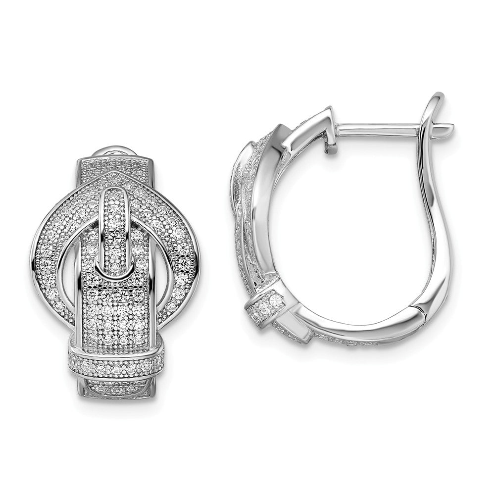 Million Charms 925 Sterling Silver Rhodium-Plated Cubic Zirconia ( CZ ) Brilliant Embers Buckle Hinged Post Earrings, 21mm x 18mm
