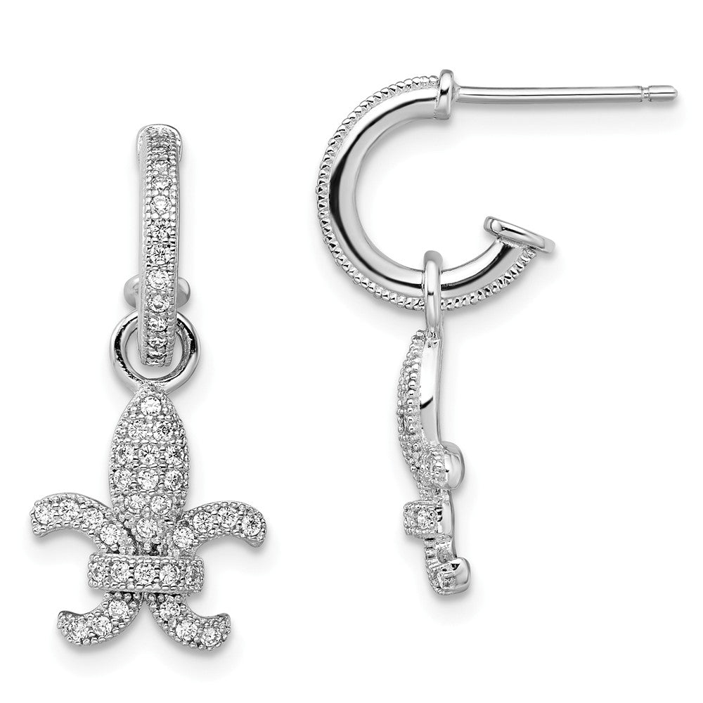 Million Charms 925 Sterling Silver Rhodium-Plated Cubic Zirconia ( CZ ) Brilliant Embers Fleur De Lis Post Earrings, 27mm x 12mm