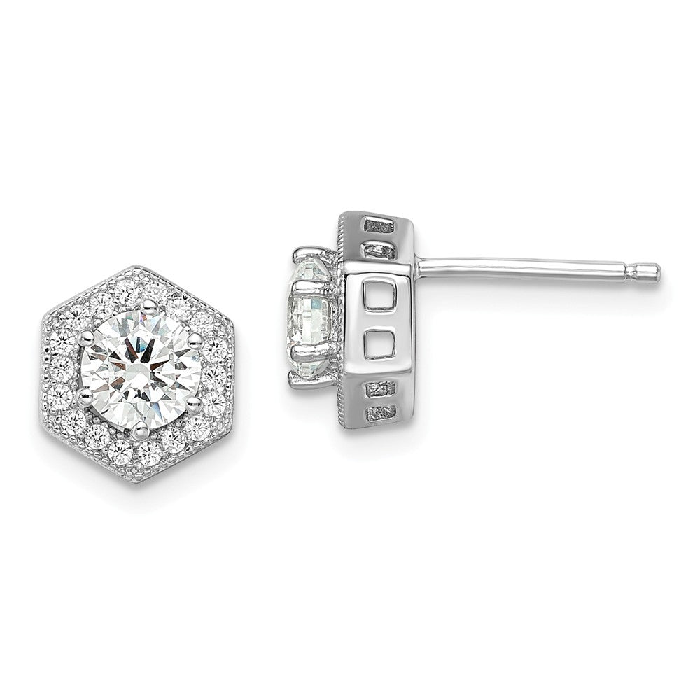 Million Charms 925 Sterling Silver Rhodium-Plated Cubic Zirconia ( CZ ) Brilliant Embers Hexagon Post Earrings, 10mm x 9mm