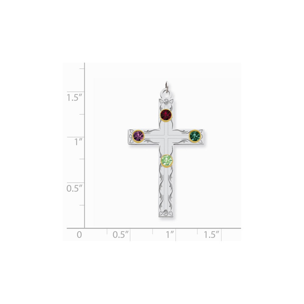 Million Charms 925 Sterling Silver Rh-Plt/14K Bezel Crystal Family Relgious Cross Pendant