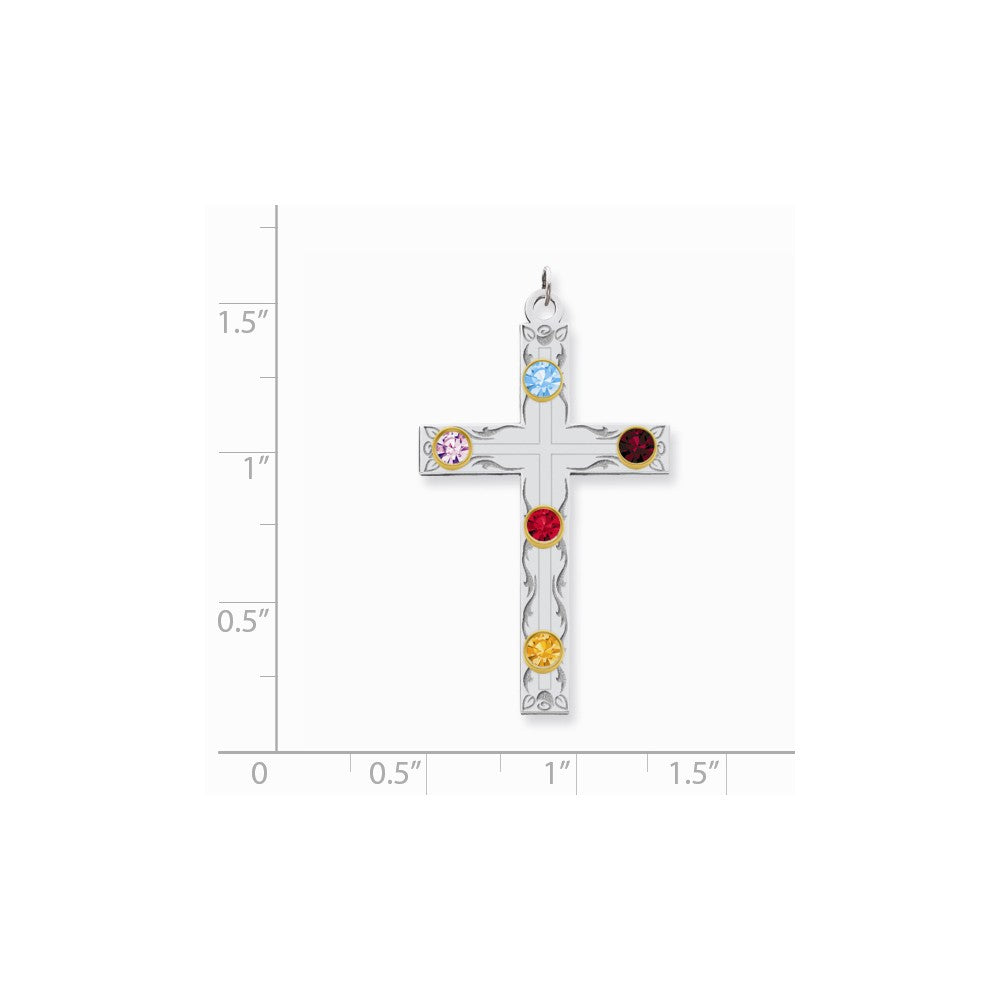 Million Charms 925 Sterling Silver Rh-Plt/14K Bezel Crystal Family Relgious Cross Pendant