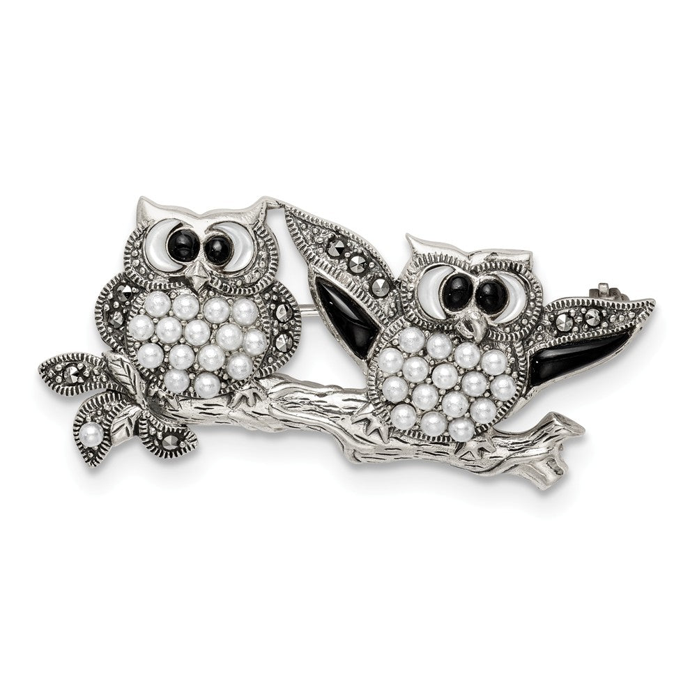 925 Sterling Silver Marcasite with Black Agate, MOP & FW Cultured Pearl Pin