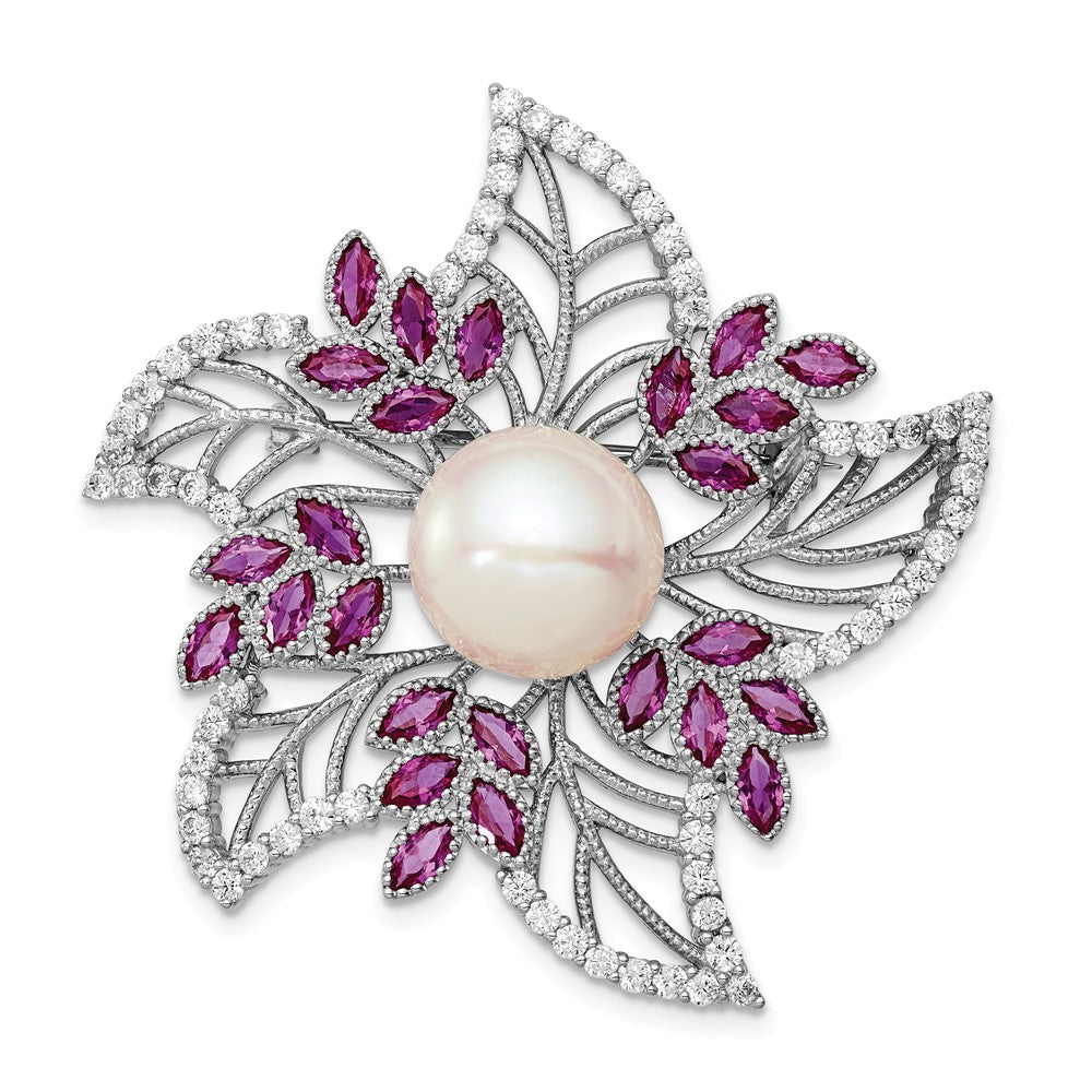 925 Sterling Silver RH10-11mm White FWC Pearl CZ Pink Corundum Pin
