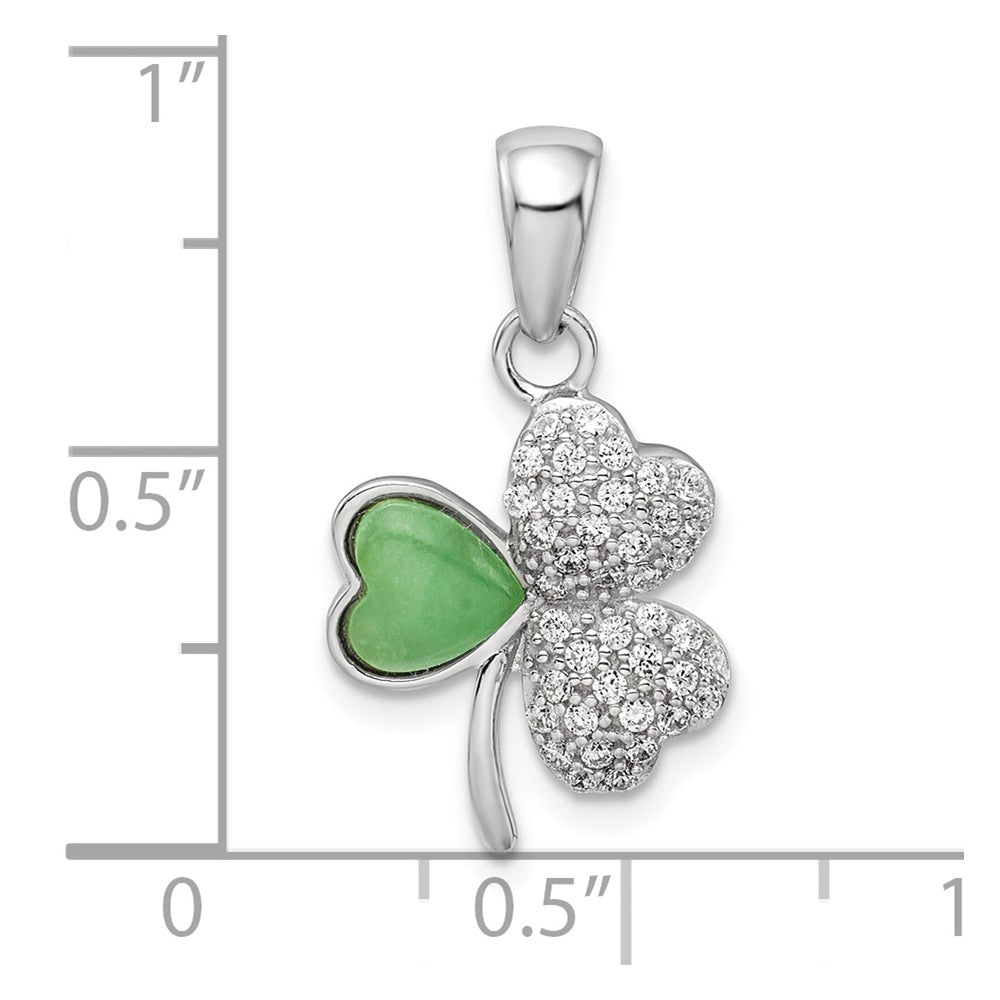 Million Charms 925 Sterling Silver Rhodium-Plated Polished (Cubic Zirconia) CZ & Green Jade Lucky Clover Pendant