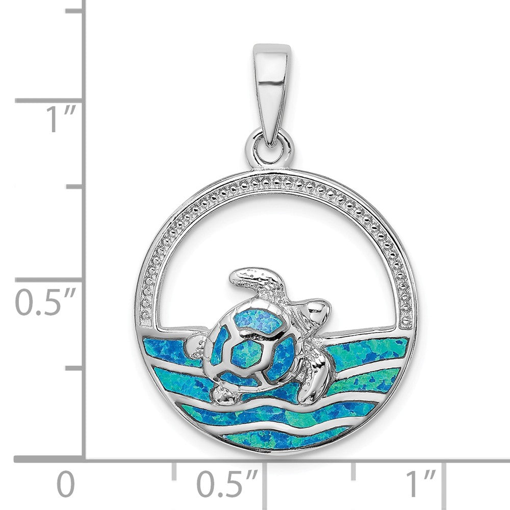 Million Charms 925 Sterling Silver Rhodium-Plated Blue Inlay Created Opal Turtle Pendant