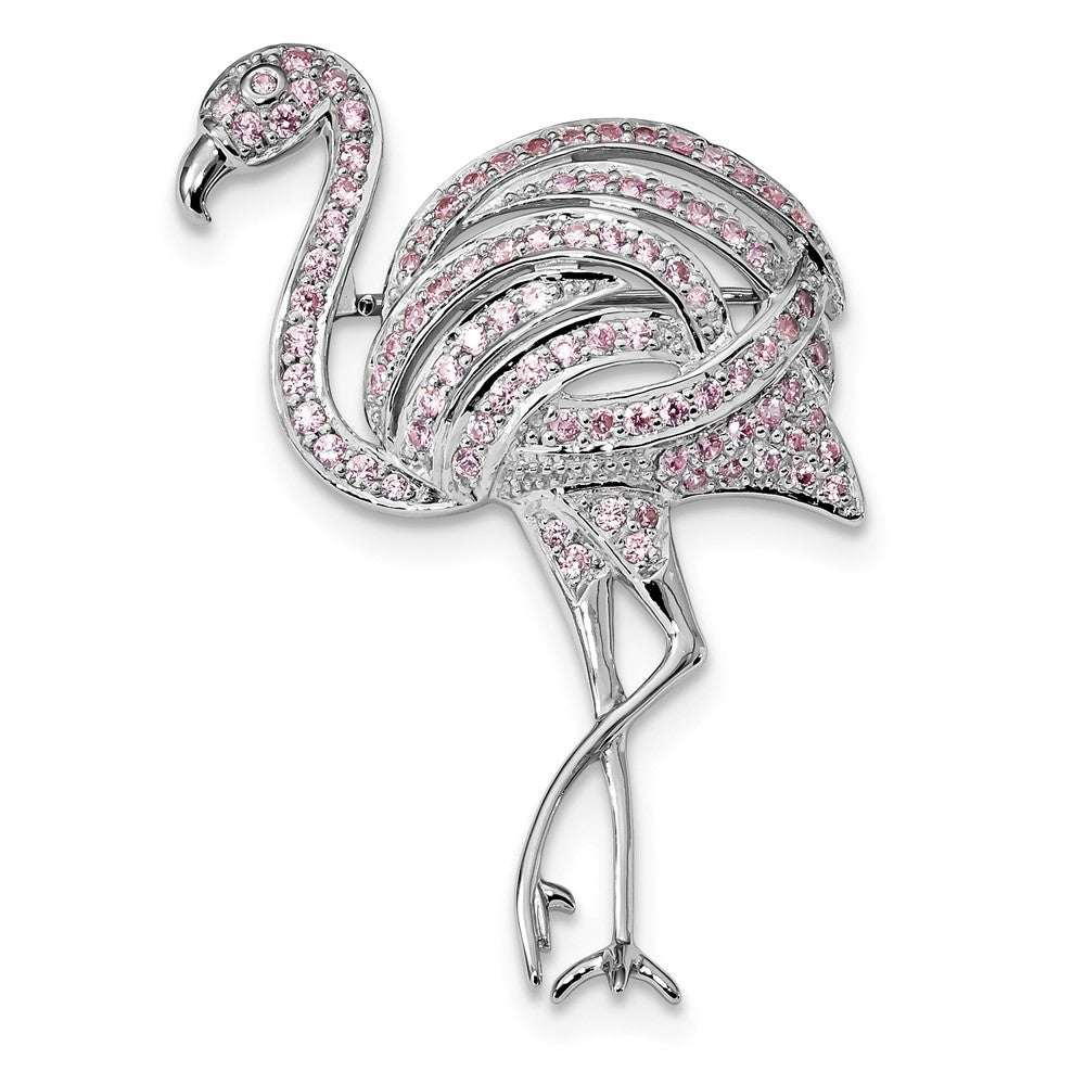 925 Sterling Silver Rhodium-plated Pink CZ Flamingo Pin