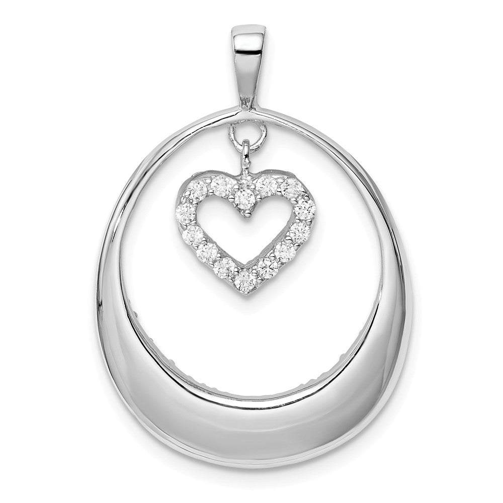 Million Charms 925 Sterling Silver Rhodium-Plated (Cubic Zirconia) CZ Oval With Dangle Heart Pendant