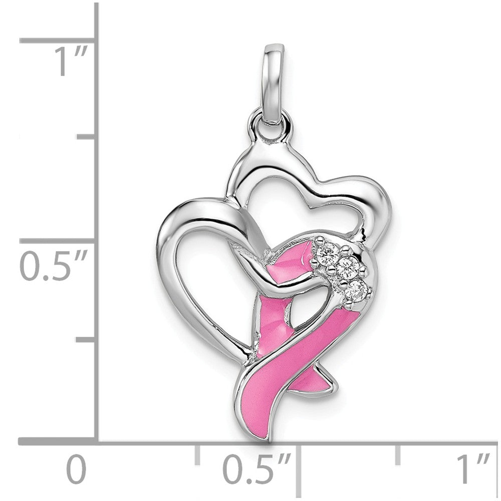 Million Charms 925 Sterling Silver Rhodium-Plated Enamel (Cubic Zirconia) CZ Ribbon Heart Pendant