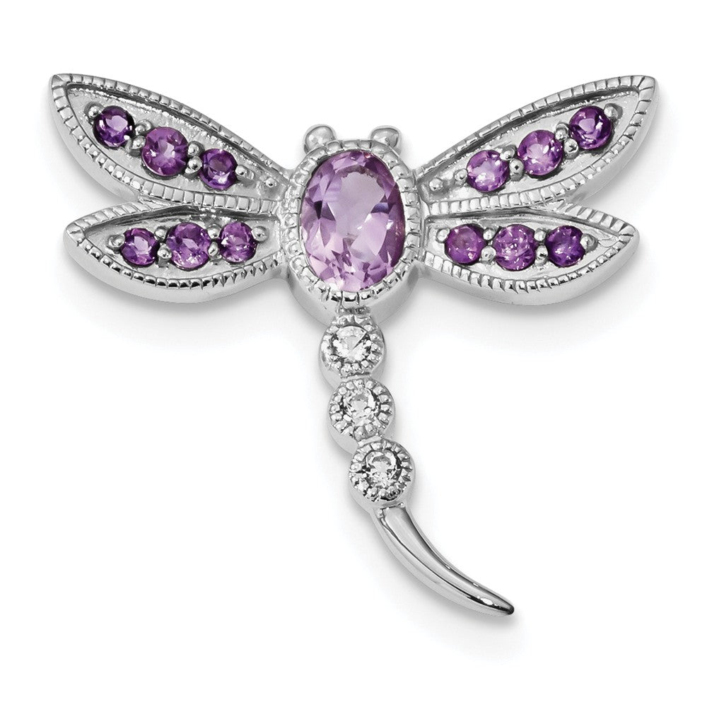 925 Sterling Silver Rhodium Pk. Quartz AM White Topaz Dragonfly Pin/Chain Slide