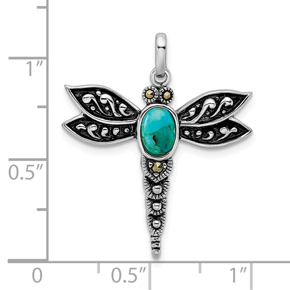 Million Charms 925 Sterling Silver Rhodium/Oxidized Recon. Turq/Marcasite Dragonfly Pendant