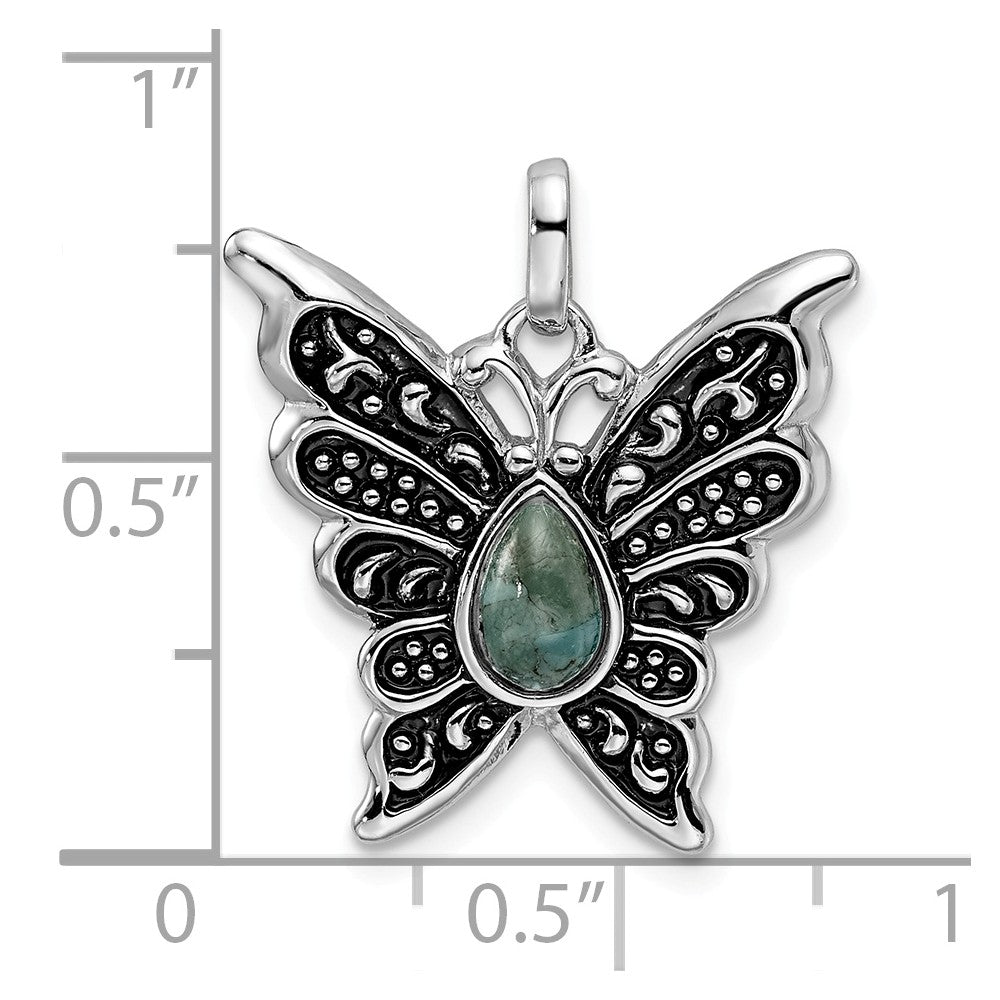Million Charms 925 Sterling Silver Rhodium/Oxidized Reconstituted Turquoise Butterfly Pendant