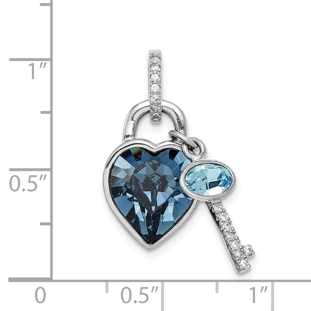 Million Charms 925 Sterling Silver Rhodium-Plated Clear & Blue Crystal Key With Heart Pendant