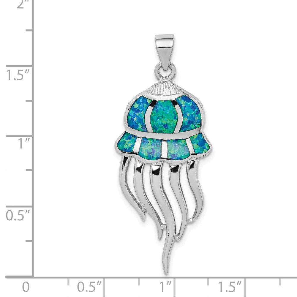 Million Charms 925 Sterling Silver Rhodium-Plated Created Blue Opal Jellyfish Pendant