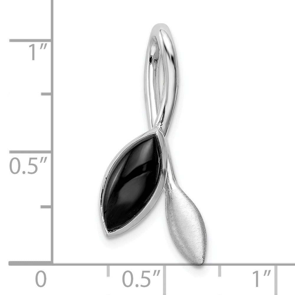 Million Charms 925 Sterling Silver Rhodium-Plated Polished, Brushed Onyx Leaf Slide
