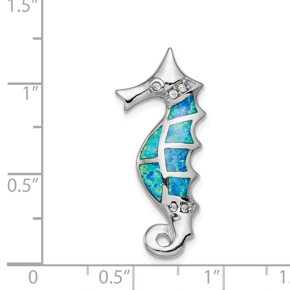 Million Charms 925 Sterling Silver Rhodium-Plated Created Blue Opal & (Cubic Zirconia) CZ Nautical Seahorse Slide