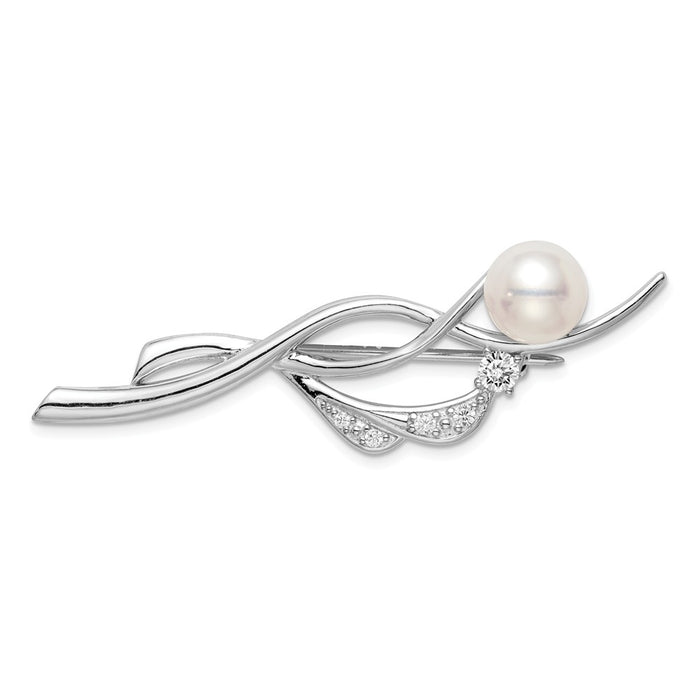 925 Sterling Silver Rhodium-plated CZ FW Cultured Pearl Pin