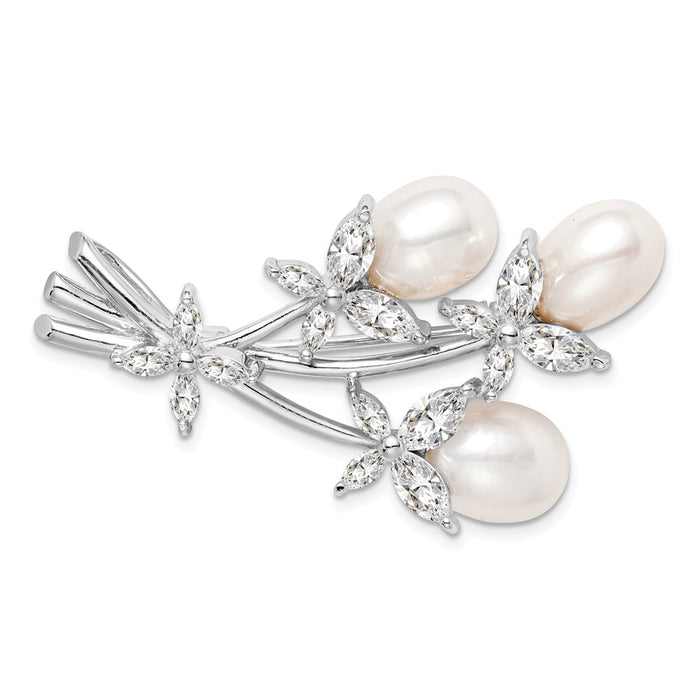 925 Sterling Silver Rhodium-plated FW Cultured Pearl & CZ Floral Pin