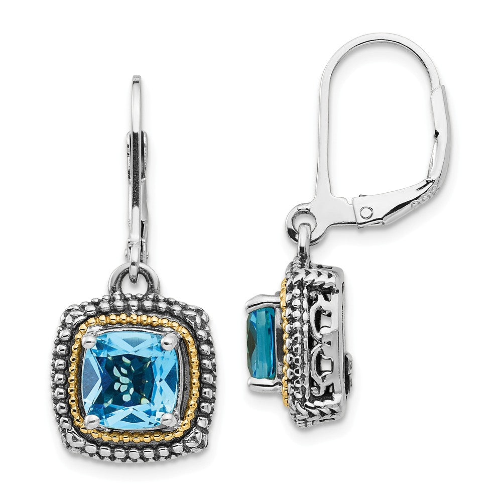 Sterling Silver with 14k Lt Swiss Blue Topaz Leverback Earrings, 32mm x 13mm