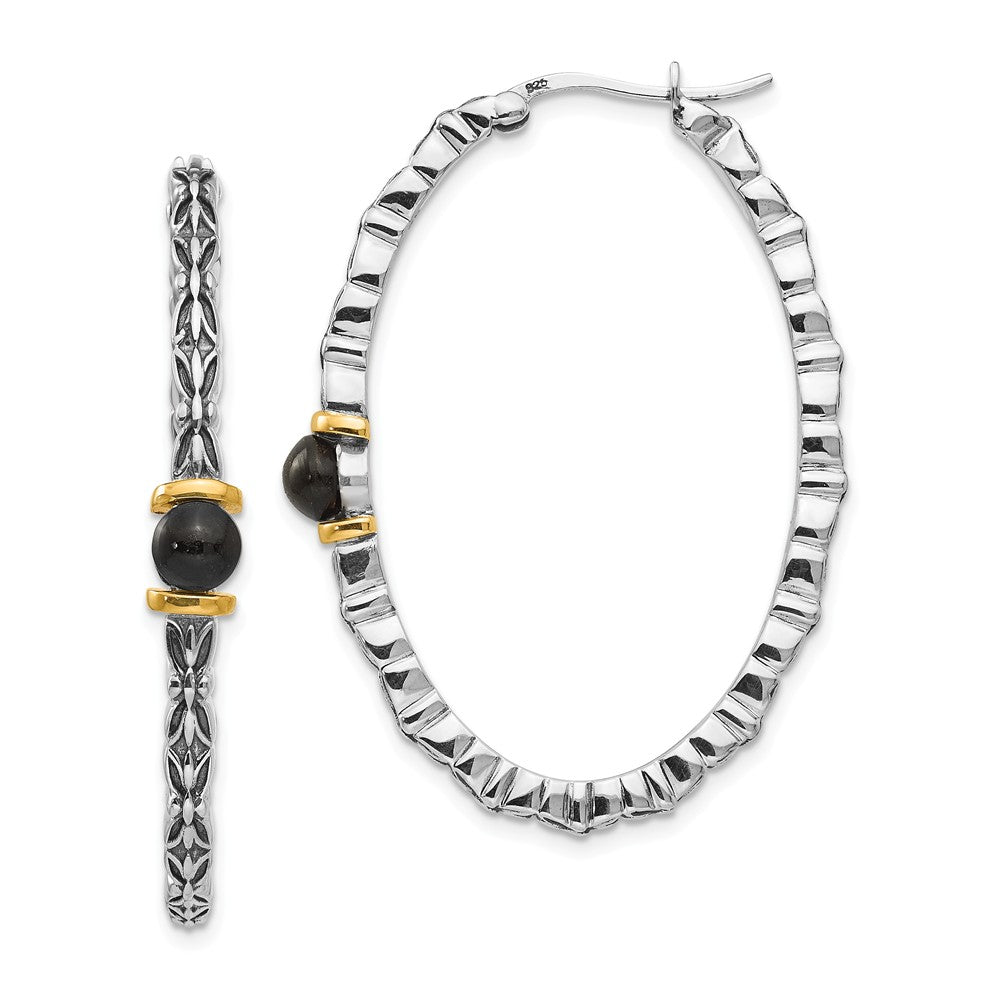 Sterling Silver with 14k 4.5mm Button Onyx Oval Hoop Earrings, 35mm x 5mm