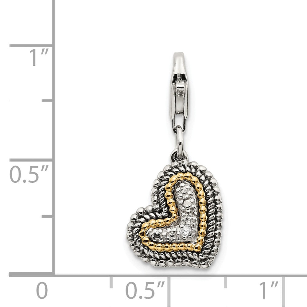 Million Charms Sterling Silver With 14K Antiqued Diamond Heart With Lobster Clasp Charm