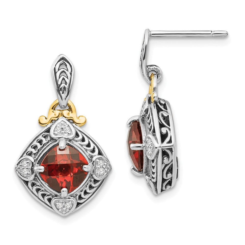 Sterling Silver with 14k Diamond & Garnet Earrings, 22mm x 13mm