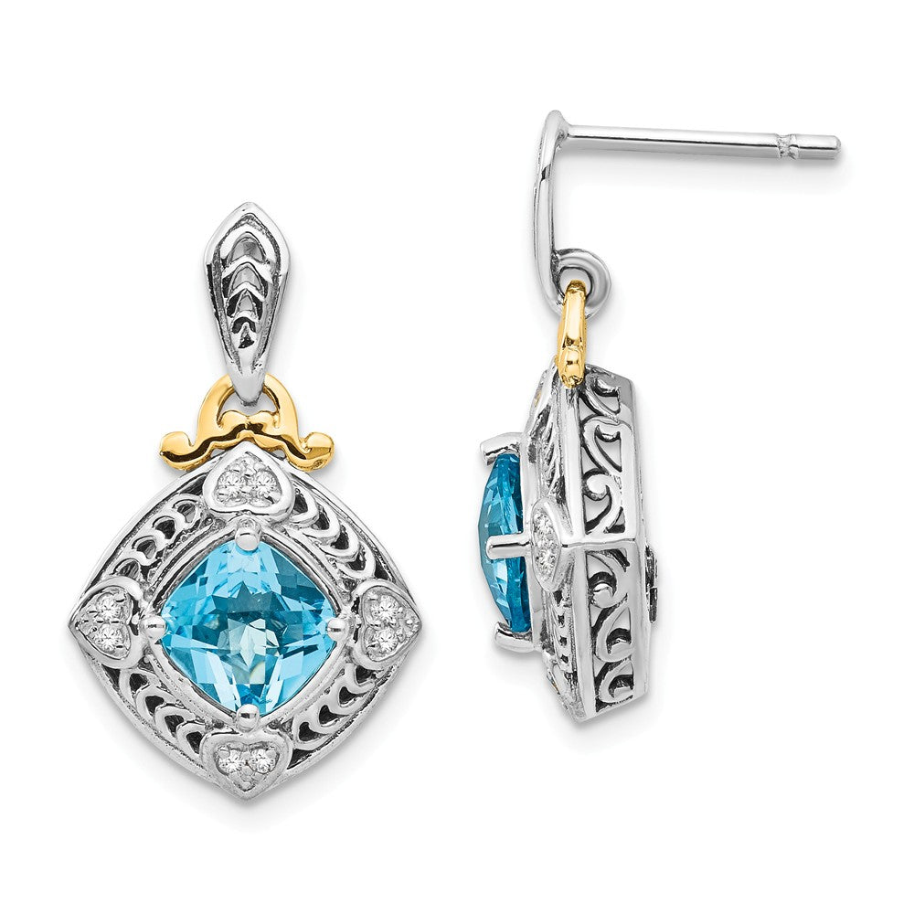 Sterling Silver with 14k Diamond & Blue Topaz Earrings, 22mm x 12mm