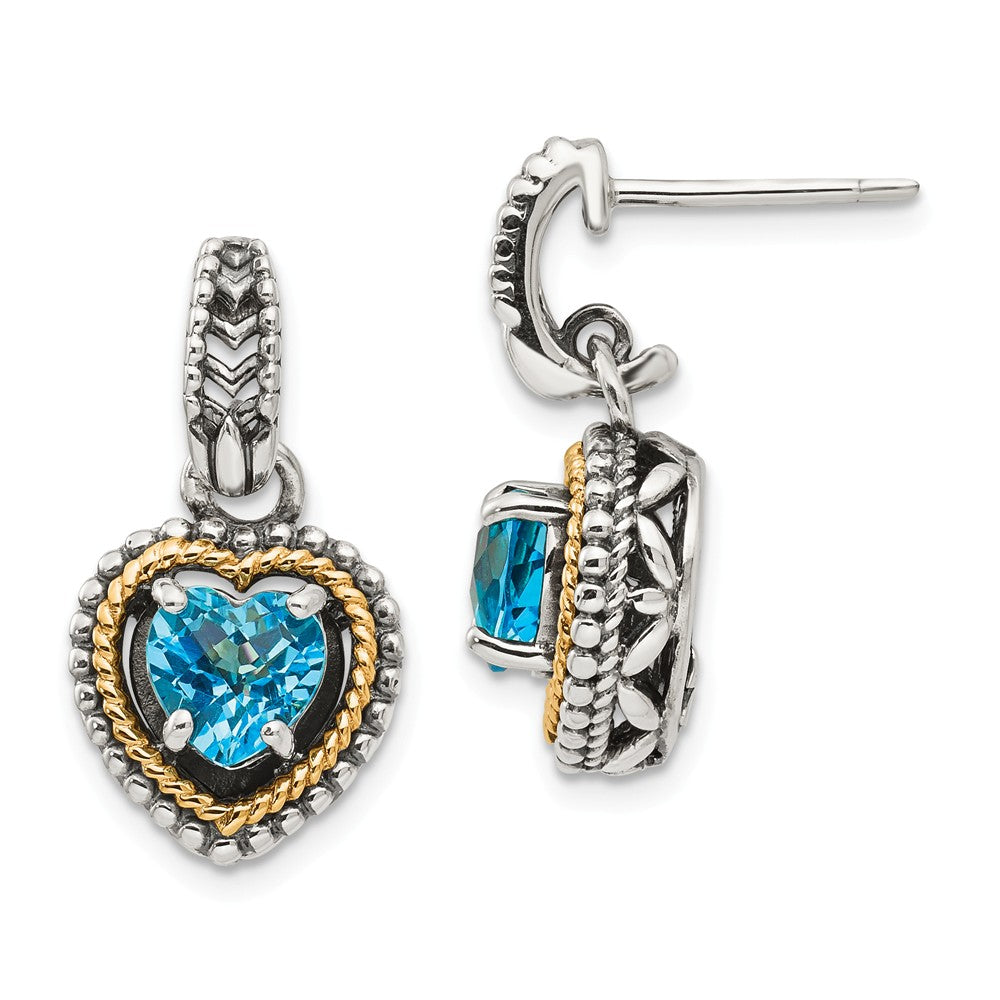 Sterling Silver with 14k Antiqued Blue Topaz Heart Post Dangle Earrings, 23mm x 12mm