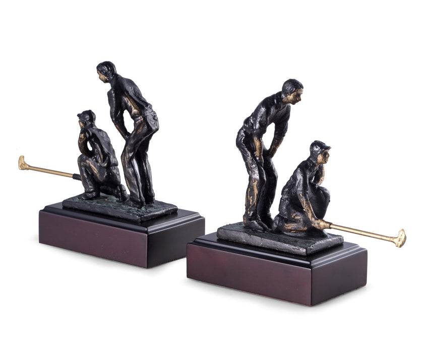 Occasion Gallery Bronze/Brown Color Cast Metal Double Golfers Bookends with Bronzed Finish on Brown Wood Base. 5.75 L x 3.75 W x 8.75 H in.