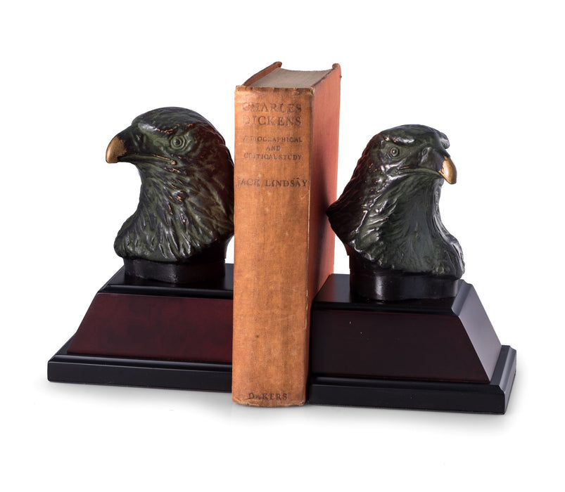 Occasion Gallery Burl/Black Color Cast Metal Eagle Bookends with Bronzed Finish on Burl and Black Wood Base. 5 L x 5.25 W x 7.75 H in.