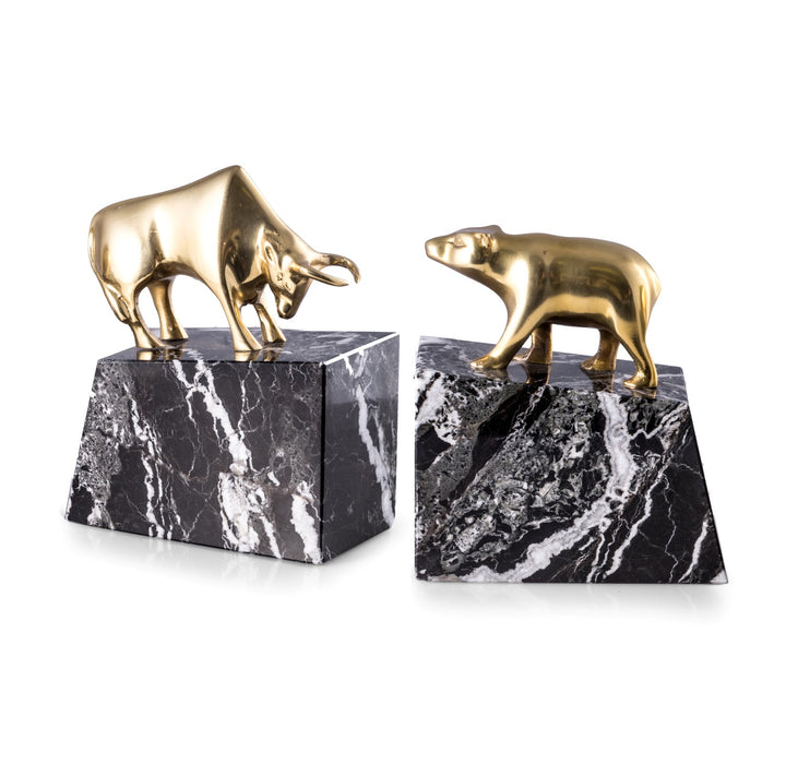 Occasion Gallery Black Zebra Marble Color "Stock Market" Brass Bull & Bear Bookends on Black "Zebra" Mable Base. 5.5 L x 3 W x 6.5 H in.