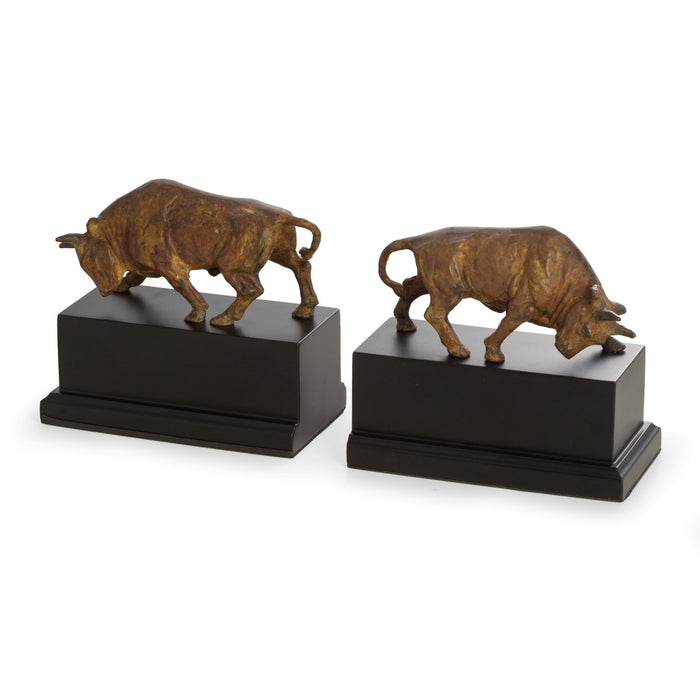 Occasion Gallery Black/Brass Color Brass Double Bull Bookends with Flamed Patina Finish on Black Wood Base. 6.75 L x 3.5 W x 6.25 H in.
