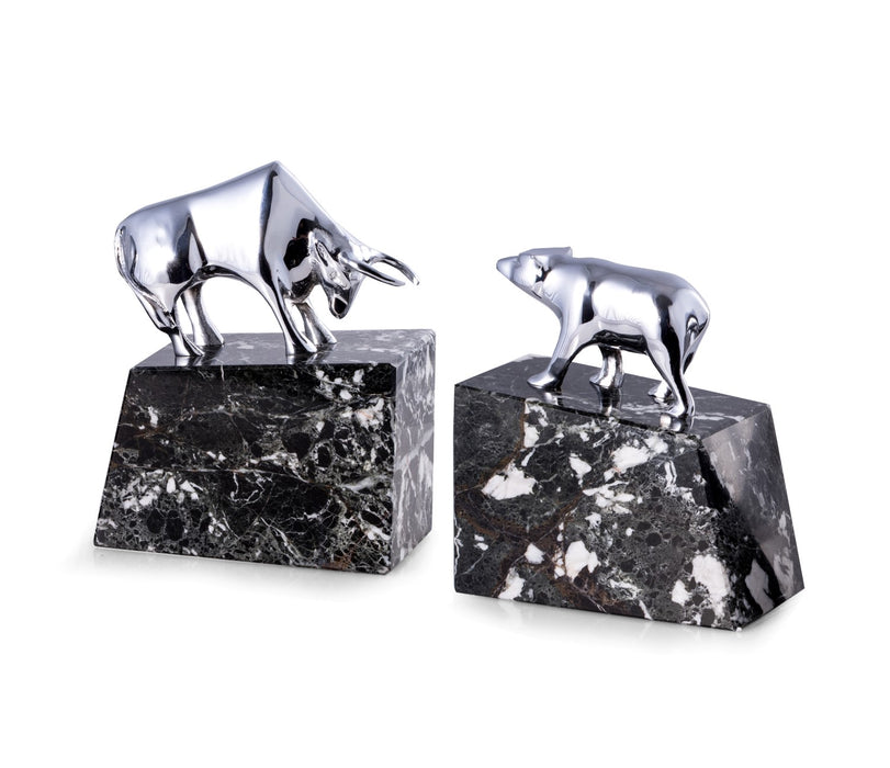 Occasion Gallery Black Zebra Marble/Silver Color "Stock Market" Silver Plated Bull & Bear Bookends on Black "Zebra" Mable Base. 5.5 L x 3 W x 6.5 H in.