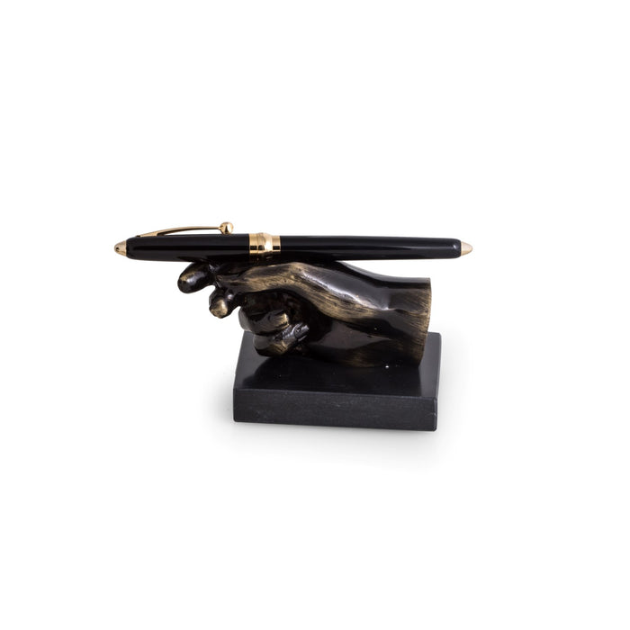 Occasion Gallery Bronze/Black Color Bronzed Finished Hand Pen Holder on Black Marble Base. 4 L x 2.25 W x 1.25 H in.