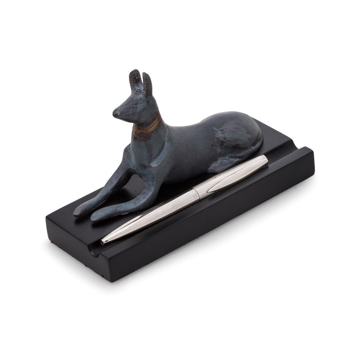 Occasion Gallery Blue/Black Color Egyptian Dog Pen Holder with Blue Patina Finish on Black Wood Base. 6.5 L x 2.5 W x 4.25 H in.
