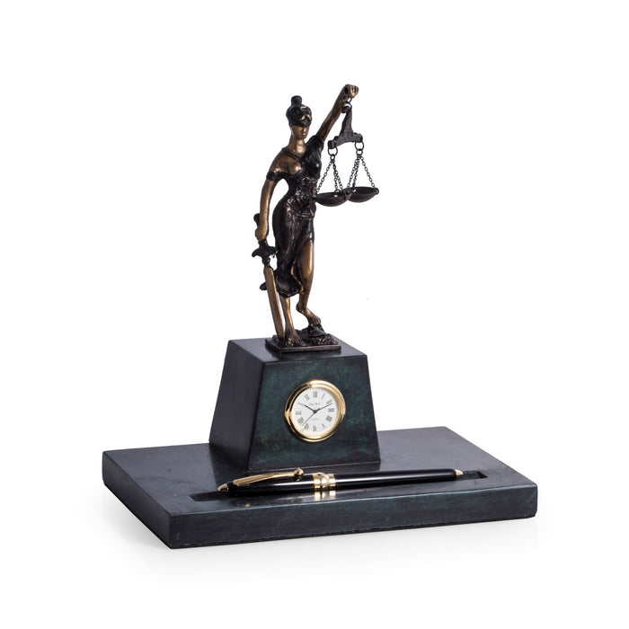 Occasion Gallery Green/Bronze Color Bronze Finished Lady Justice Sculpture on Green Marble with Pen Holder and Quartz Clock. 8.25 L x 5.5 W x 10 H in.