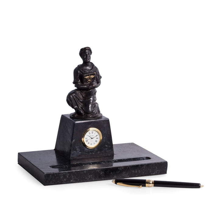 Occasion Gallery Green/Bronze Color Bronze Finished Hippocrates Sculpture on Green Marble with Pen Holder and Quartz Clock. 8.25 L x 5.5 W x 8 H in.