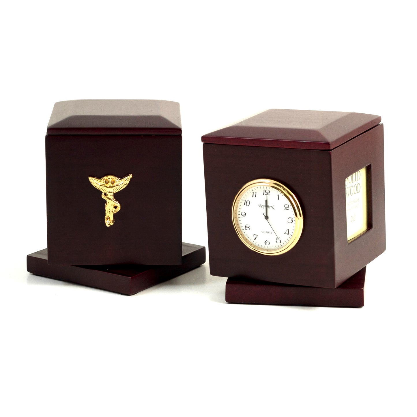 Occasion Gallery Rosewood Color "Chiropractor", Rosewood Rotating Pen Box with Two 2"x2" Frames, Quartz Clock & Personalization 2"x2 1/4" 3.5 L x 3.5 W x 4.25 H in.