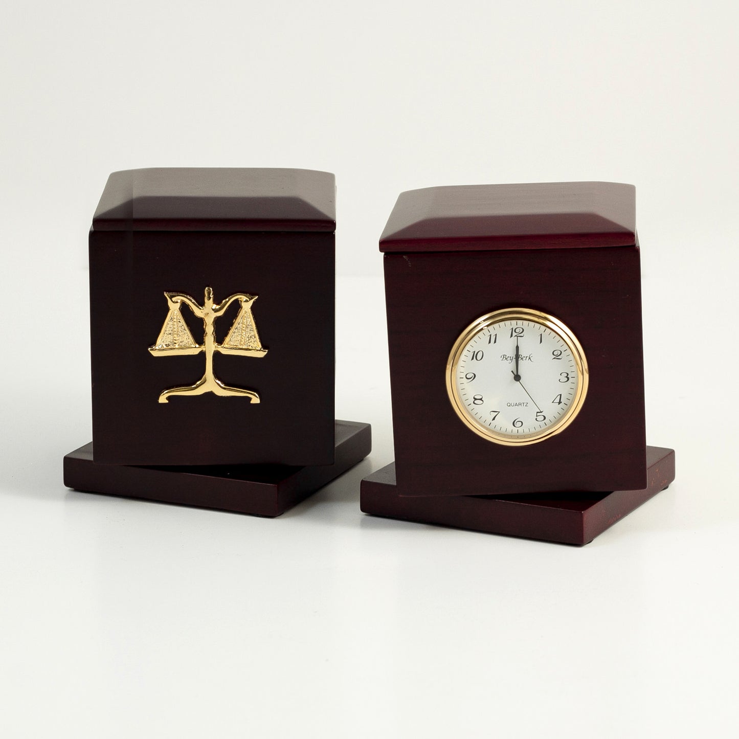 Occasion Gallery Rosewood Color "Legal", Rosewood Rotating Pen Box with Two 2"x2" Frames, Quartz Clock & Personalization 2"x2 1/4" 3.5 L x 3.5 W x 4.25 H in.