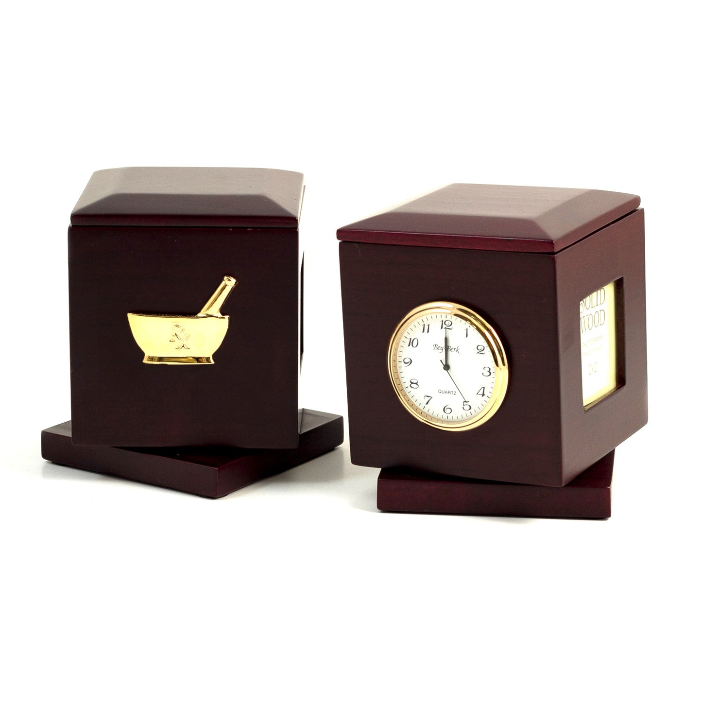 Occasion Gallery Rosewood Color "Pharmacy", Rosewood Rotating Pen Box with Two 2"x2" Frames, Quartz Clock & Personalization 2"x2 1/4" 3.5 L x 3.5 W x 4.25 H in.