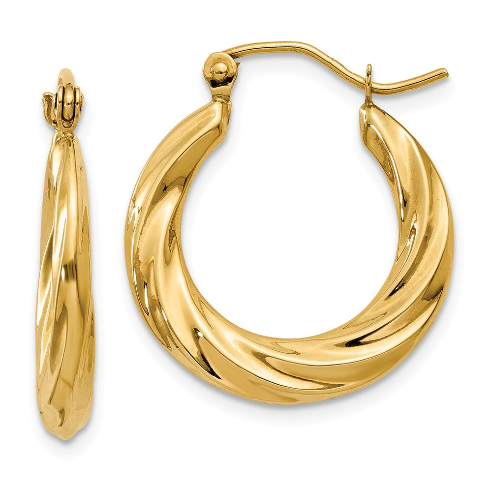 Million Charms 14k Yellow Gold Polished Twisted Hollow Hoop Earrings, 13mm x 3mm