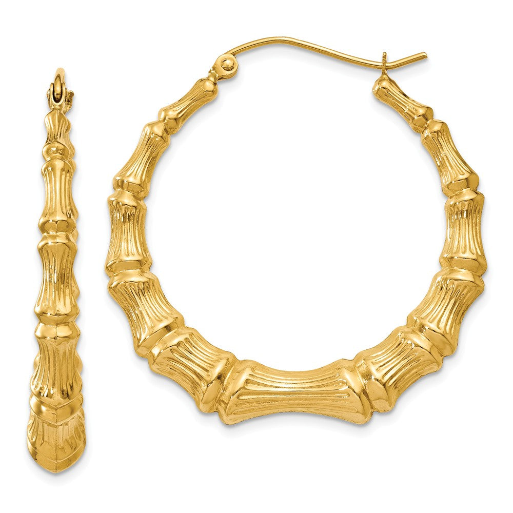 Million Charms 14k Yellow Gold Polished Bamboo Hoop Earrings, 27mm x 6mm