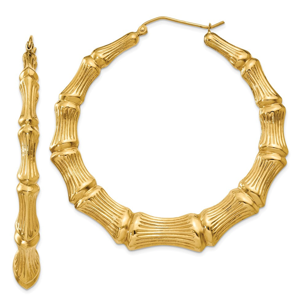 Million Charms 14k Yellow Gold Polished Bamboo Hoop Earrings, 54mm x 56mm