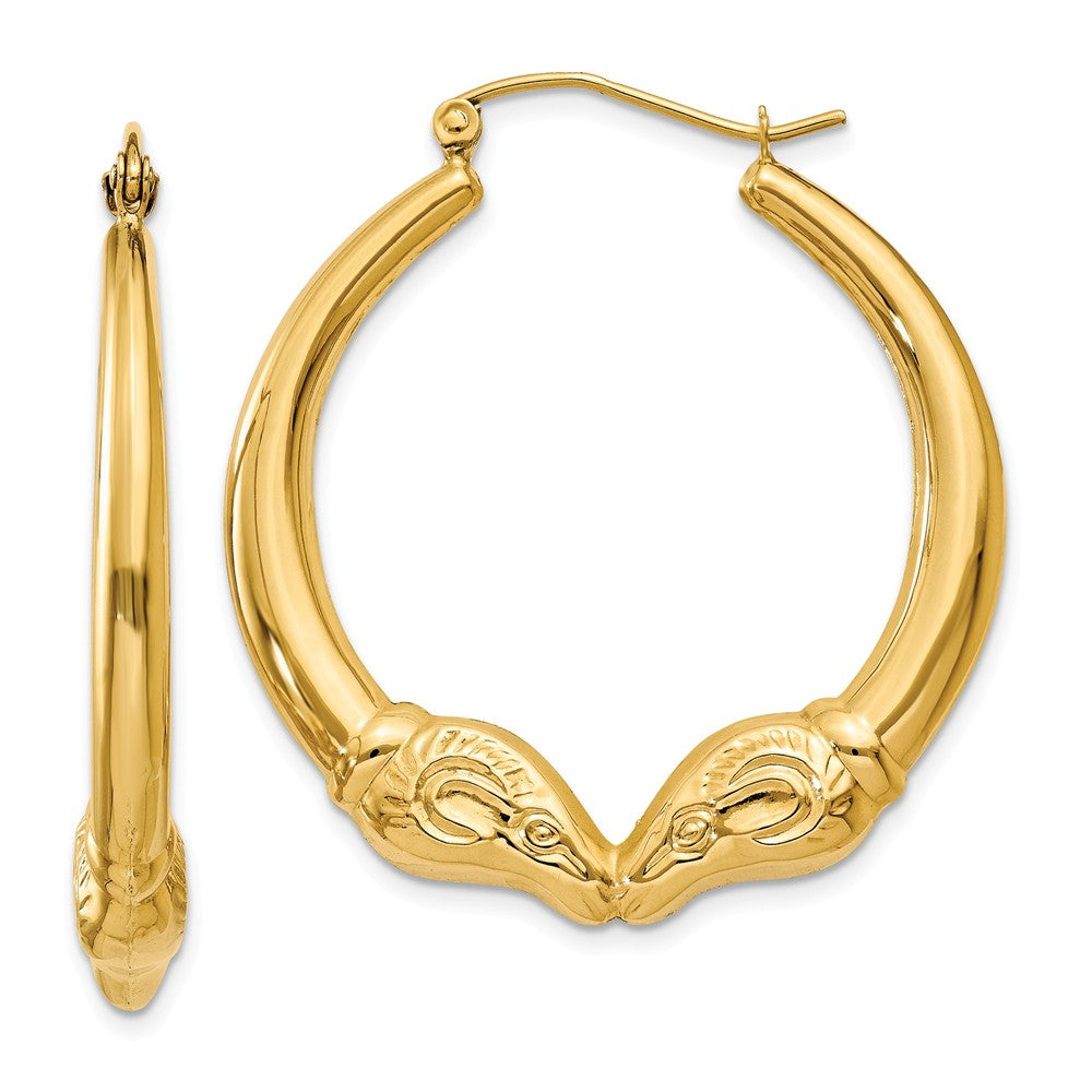 Million Charms 14k Yellow Gold Polished Ram Hoop Earrings, 35.07mm x 32.3mm