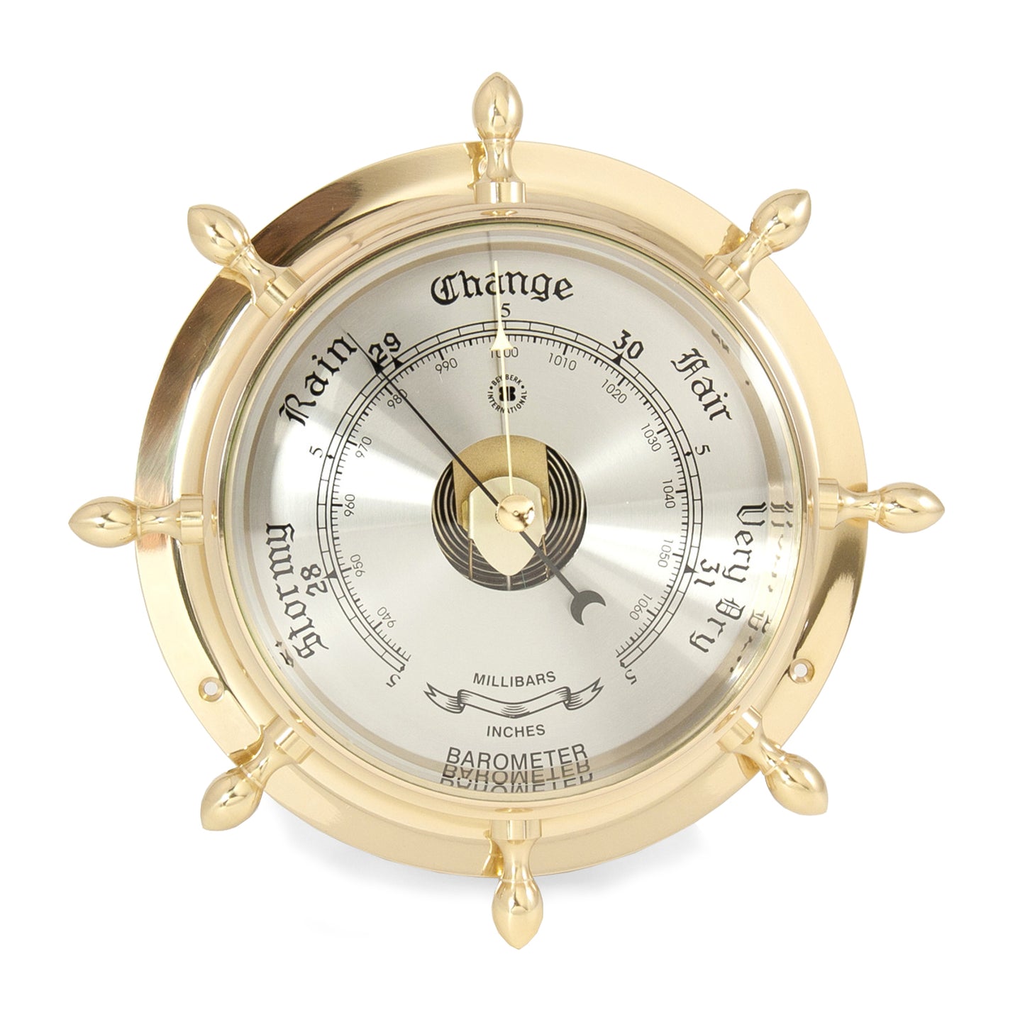 Occasion Gallery Gold Color Lacquered Brass Ship's Wheel Barometer with Beveled Glass. 9.5 L x 2 W x H in.