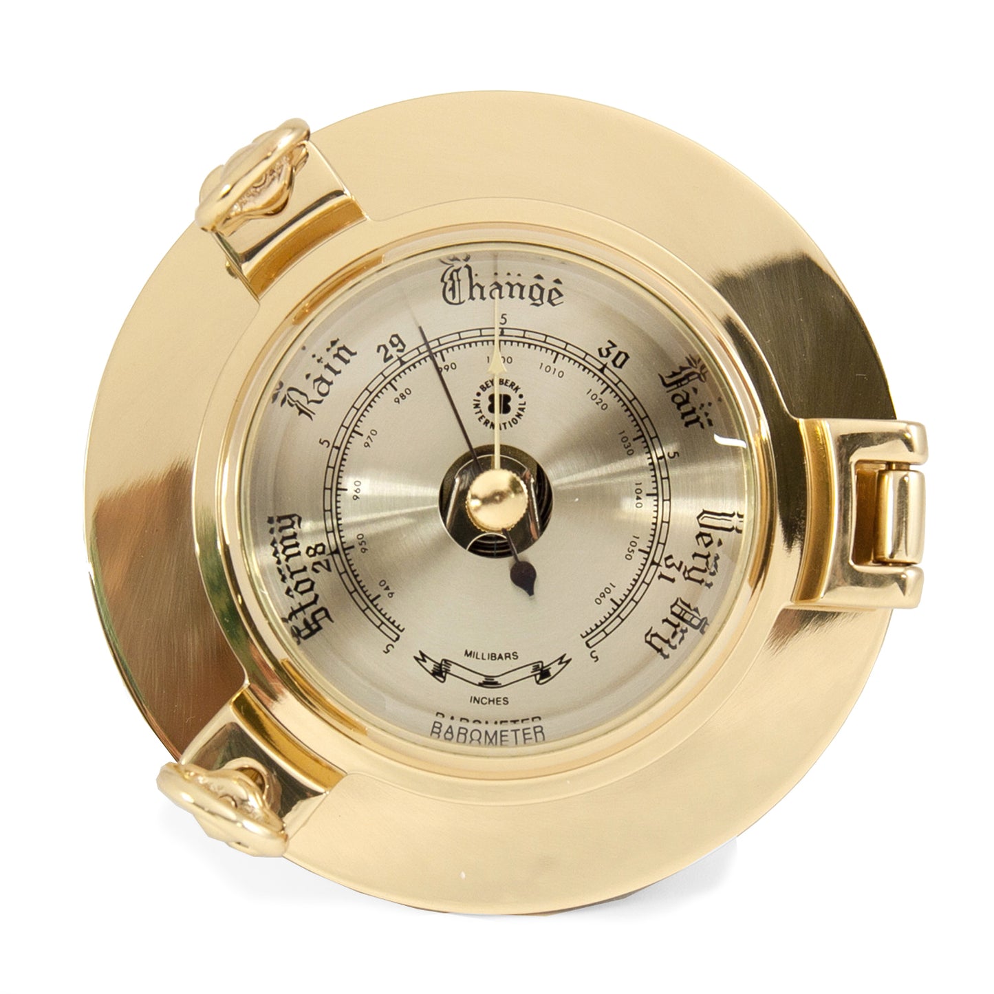 Occasion Gallery Gold Color Lacquered Brass Porthole Barometer with Beveled Glass. 5.25 L x 2 W x H in.