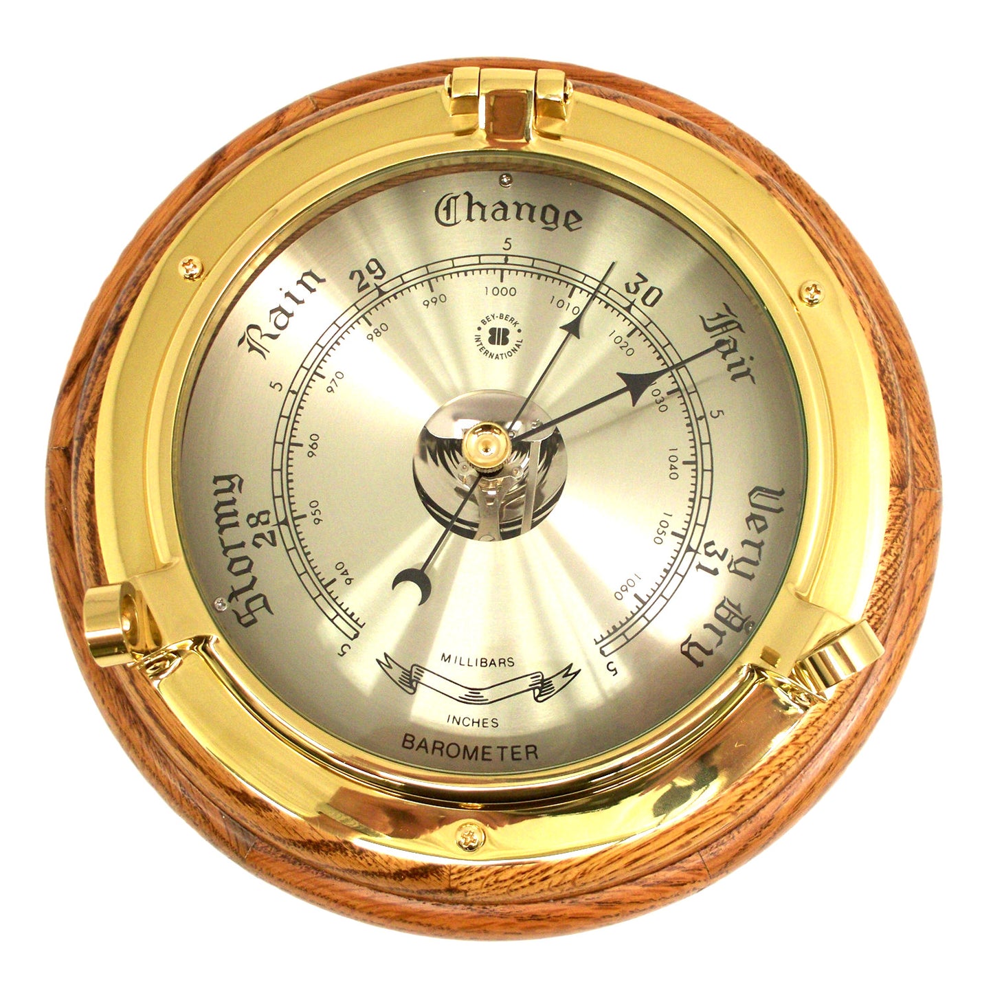 Occasion Gallery Gold Color Lacquered Brass Porthole Barometer on Oak Wood. 9.5 L x 2 W x H in.