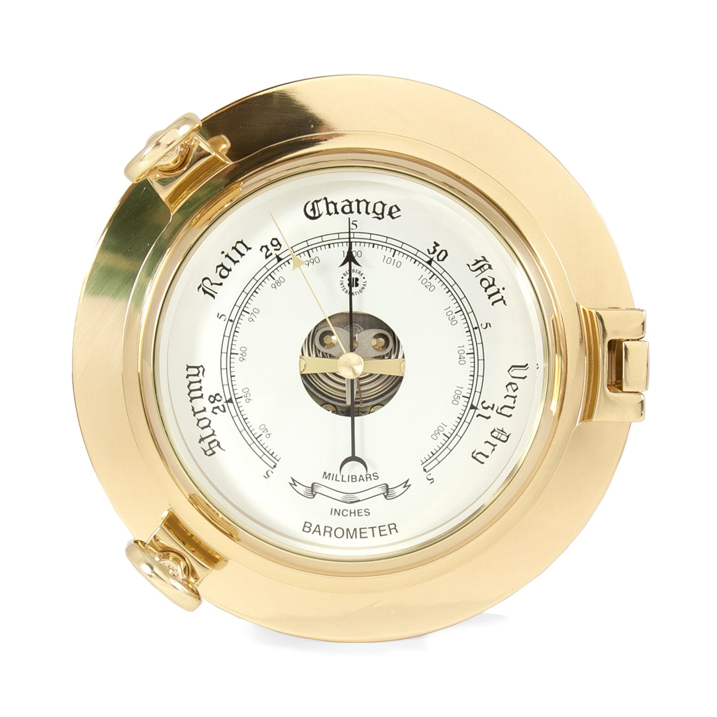 Occasion Gallery Gold/Oak Wood Color Lacquered Brass Porthole Barometer with Beveled Glass. 9 L x 2.5 W x H in.